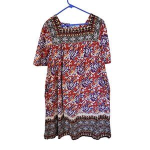 Vtg Womens Cotton MuMu Red Aztec Midi Dress 2X Short Sleeve Pockets Multicolor